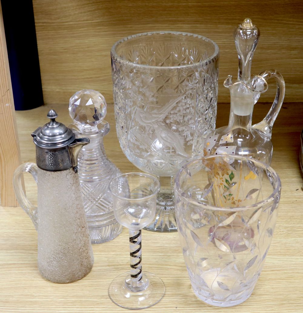 Five items of glassware, including a large goblet-shaped footed vase, possibly by Thomas Webb,